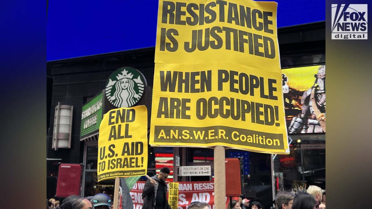 A sign reading "Resistance is Justified when People are Occupied" during a pro-Palestinian rally in New York 