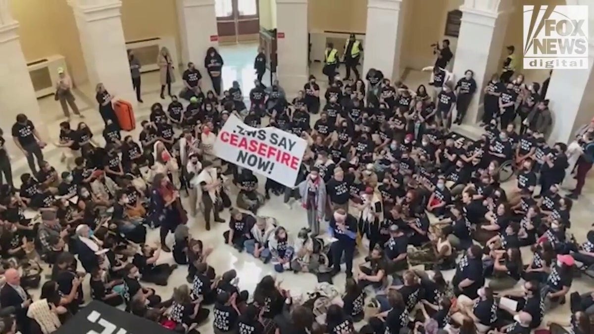 Protesters in cannon rotunda holding signs