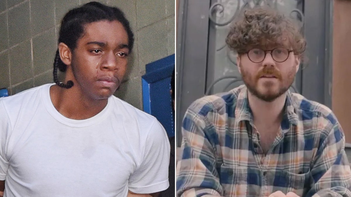 Man weeps in police custody next man in plaid shirt he allegedly killed.