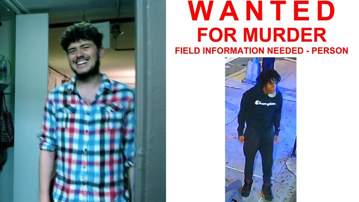 Man in plaid shirt next to wanted poster