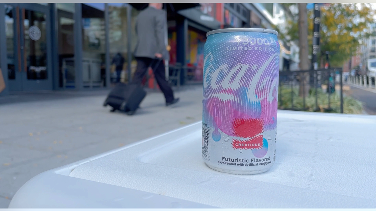 Y3000 pink and blue coke can sitting atop a cooler.