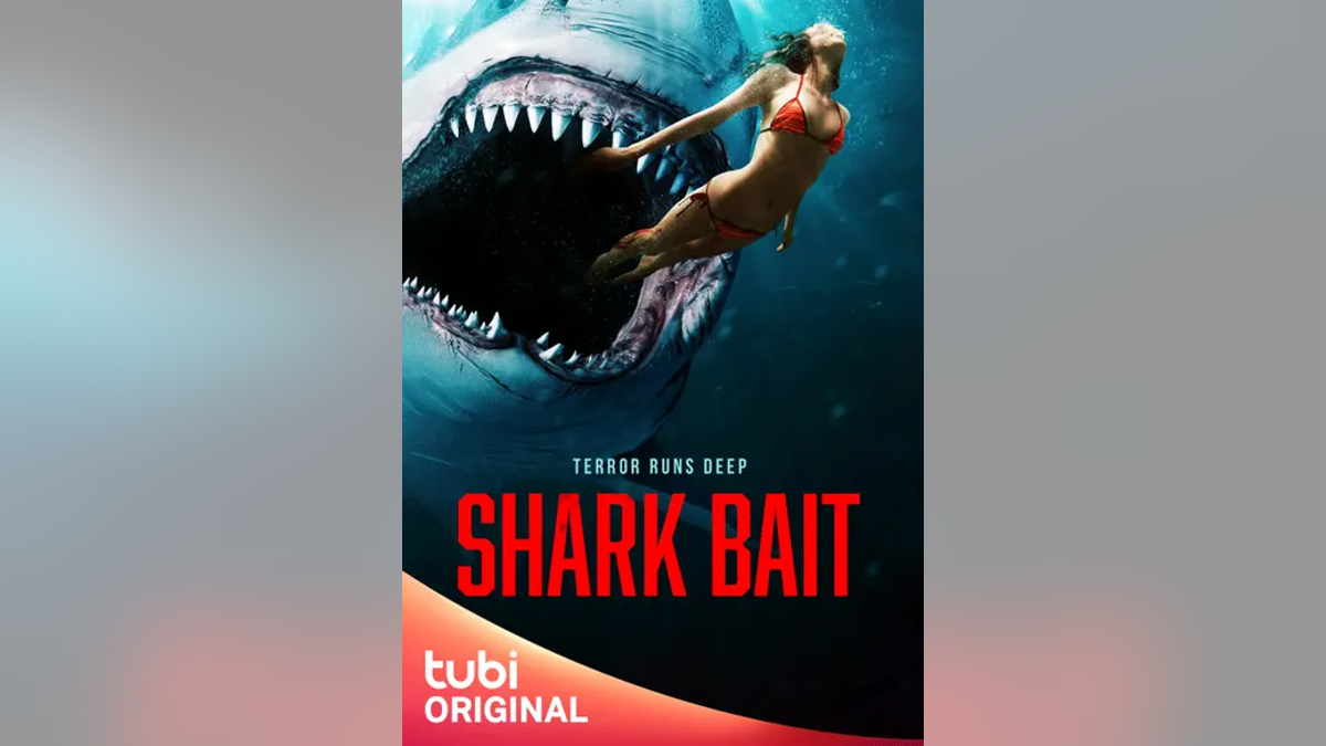 Shark and girl on movie poster of "Shark Bait"