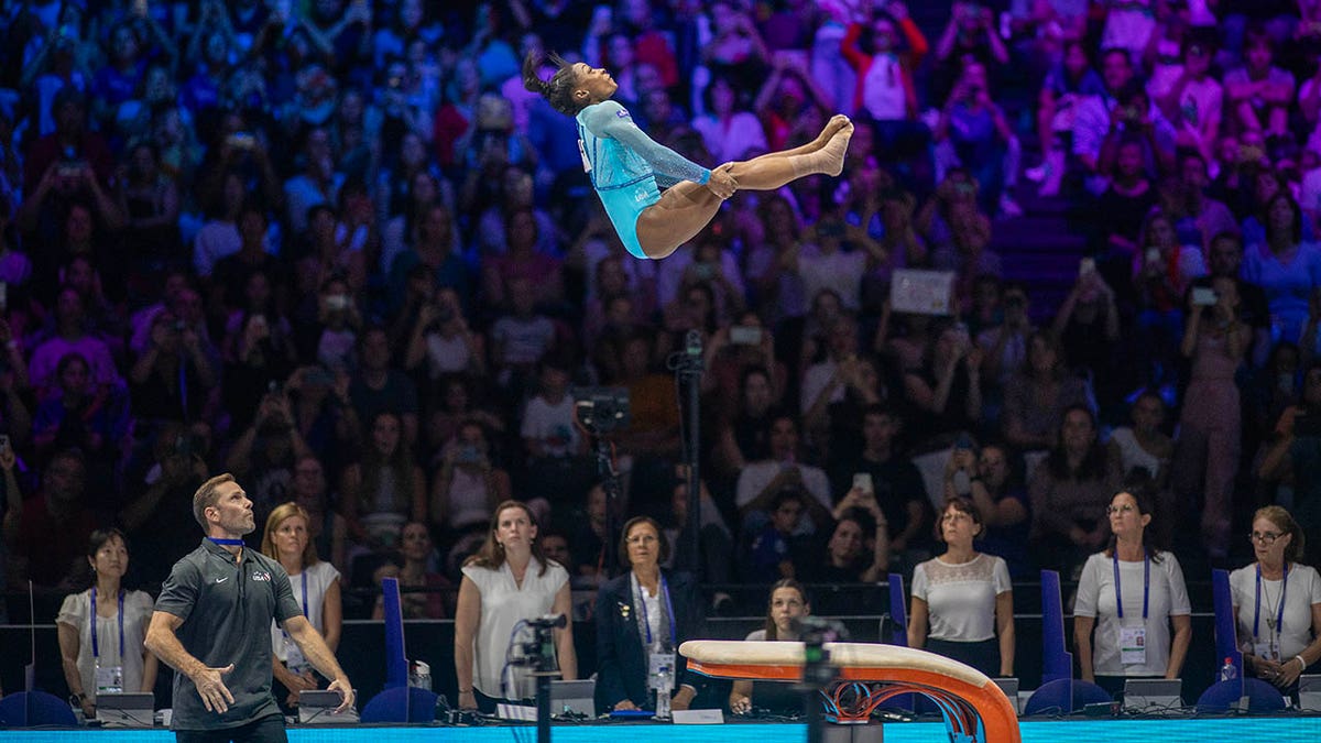 Simone Biles performs the Yurchenko double pike vault