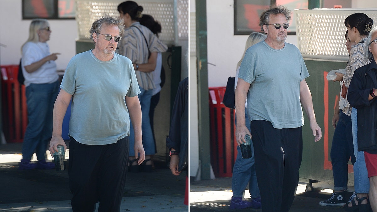 A split side-by-side photo of Matthew Perry in casual clothes outside