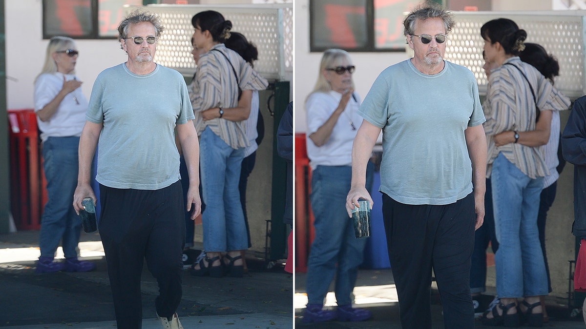 A split side-by-side photo of Matthew Perry walking outside