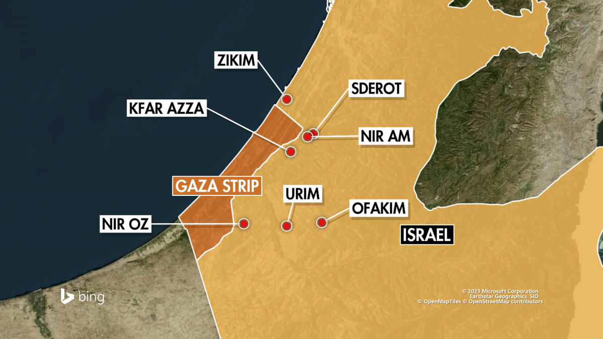 Map of kibbutzim near Gaza