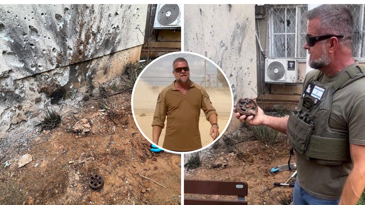 photo split of Victor Marx surveying damage in Israel