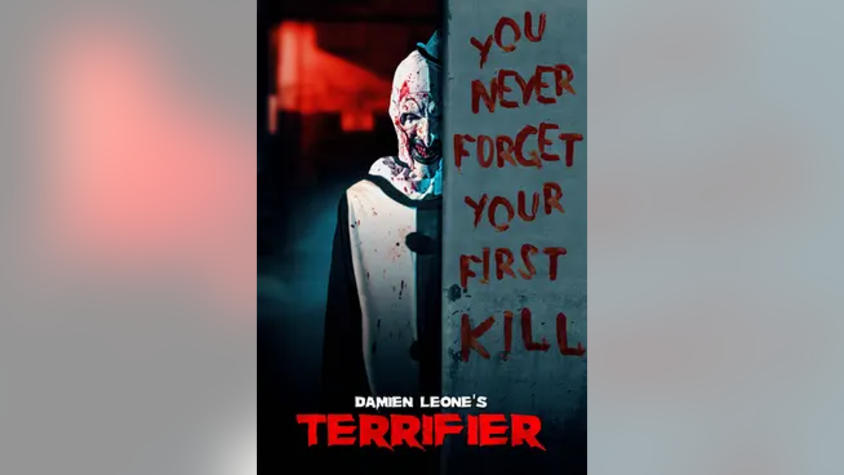 Movie poster of Damien Leon's "Terrifier" with scary text in blood that says, "You Never Forget Your First Kill"