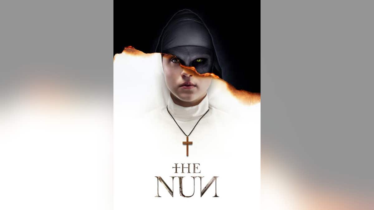 Movie poster of "The Nun" with a frightful nun on cover