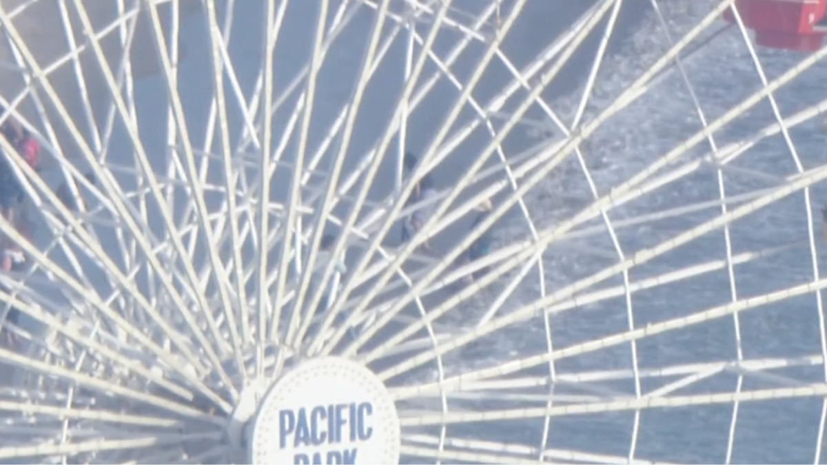 Man is seen climbing a Ferris Wheel on the Santa Monica Pier