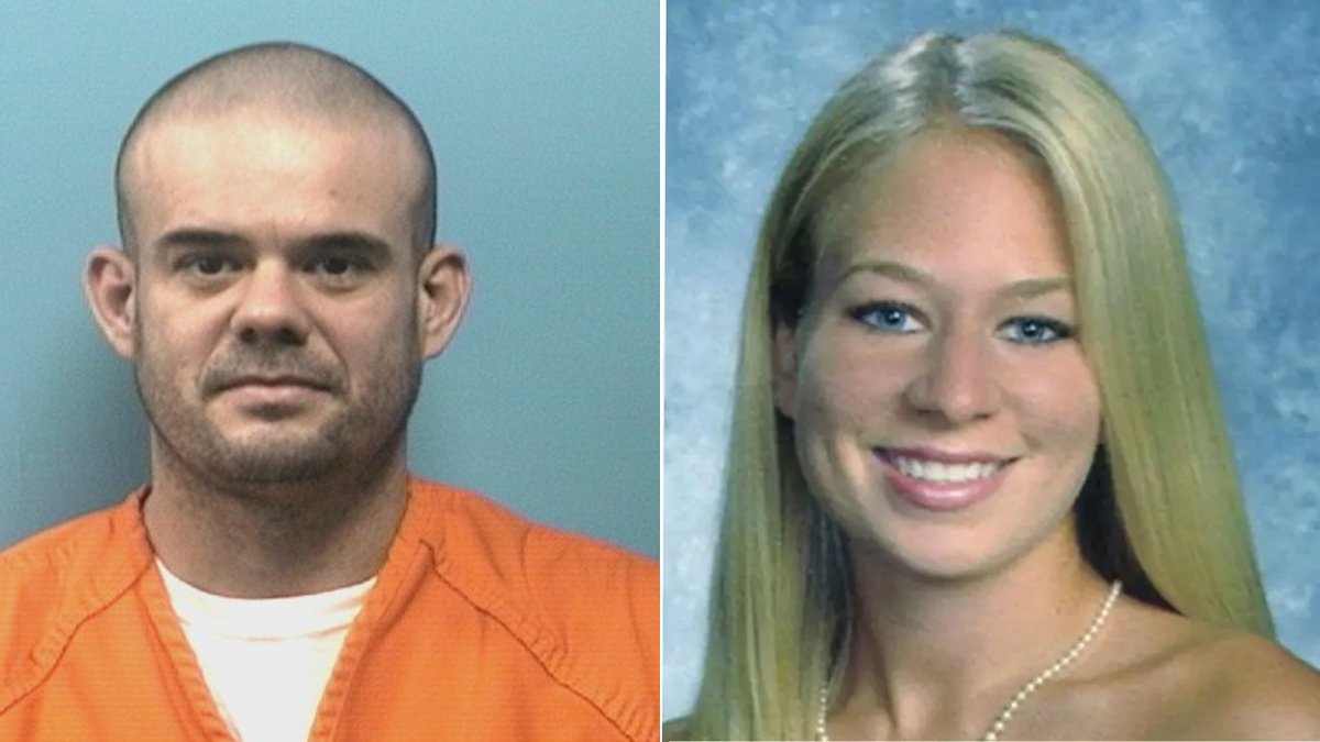Joran van der Sloot pictured with a smirk in an Alabama booking picture and Natalee Holloway smiling in a class pictured