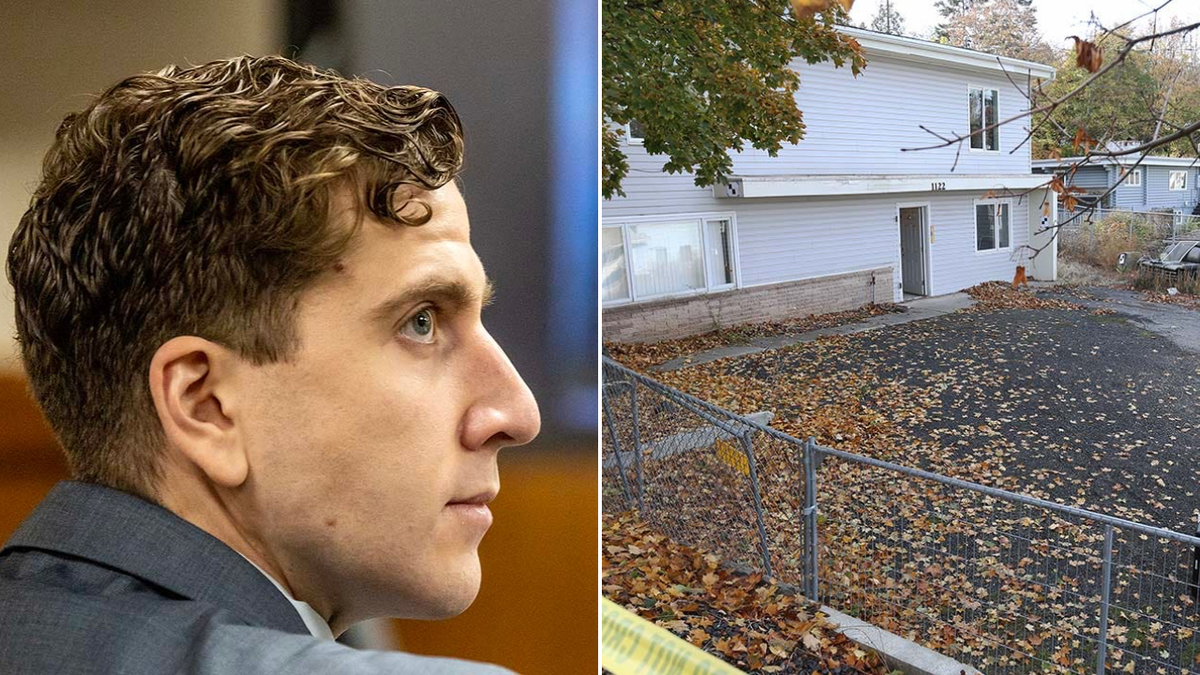 (L) Bryan Kohberger stands emotionless at a court hearing and (R) is the Moscow, Idaho home where four college students were killed