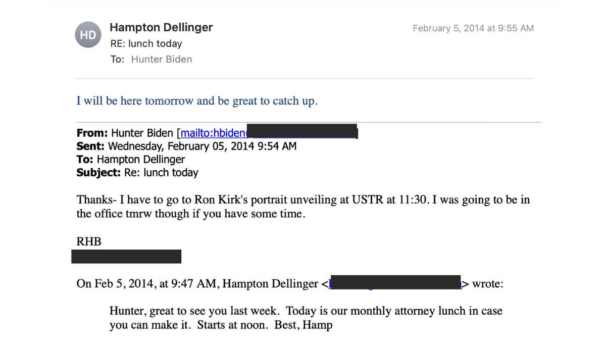 Hunter Biden and Hampton Dellinger discussed catching up in 2014 email. 