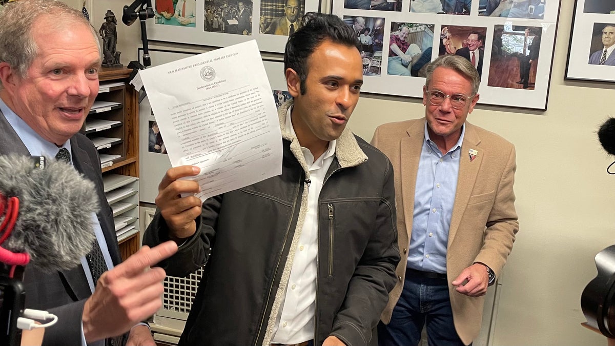 Vivek Ramaswamy, a Republican presidential candidate, files to place his name on the New Hampshire GOP presidential primary ballot at the State House in Concord on Oct 18, 2023.