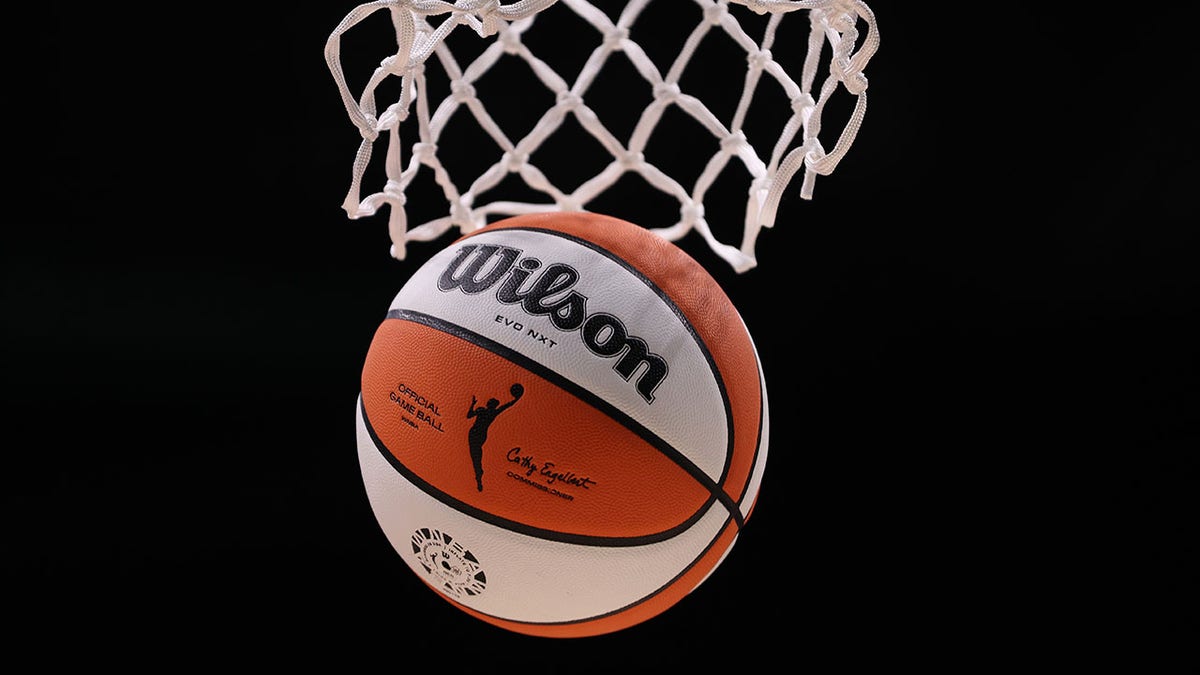 The WNBA logo on a basketball