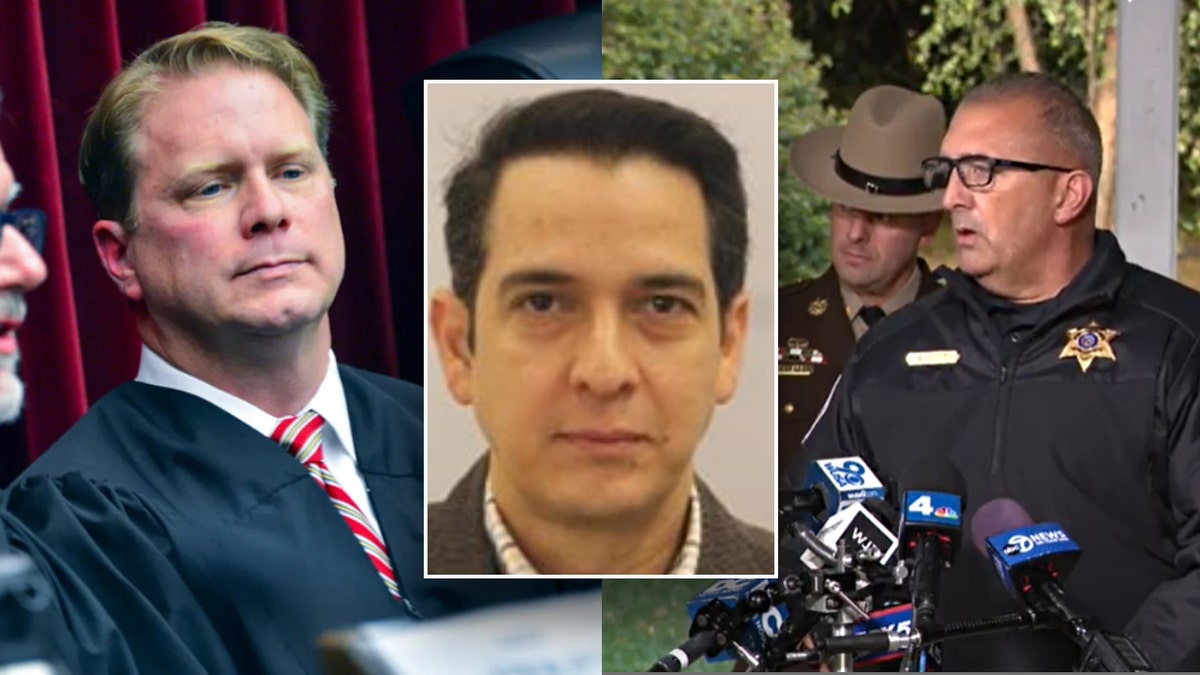 A split photo collage showing Judge Andrew Wilkinson on the left, Sheriff Brian Albert on the right, and Pedro Argote in the center