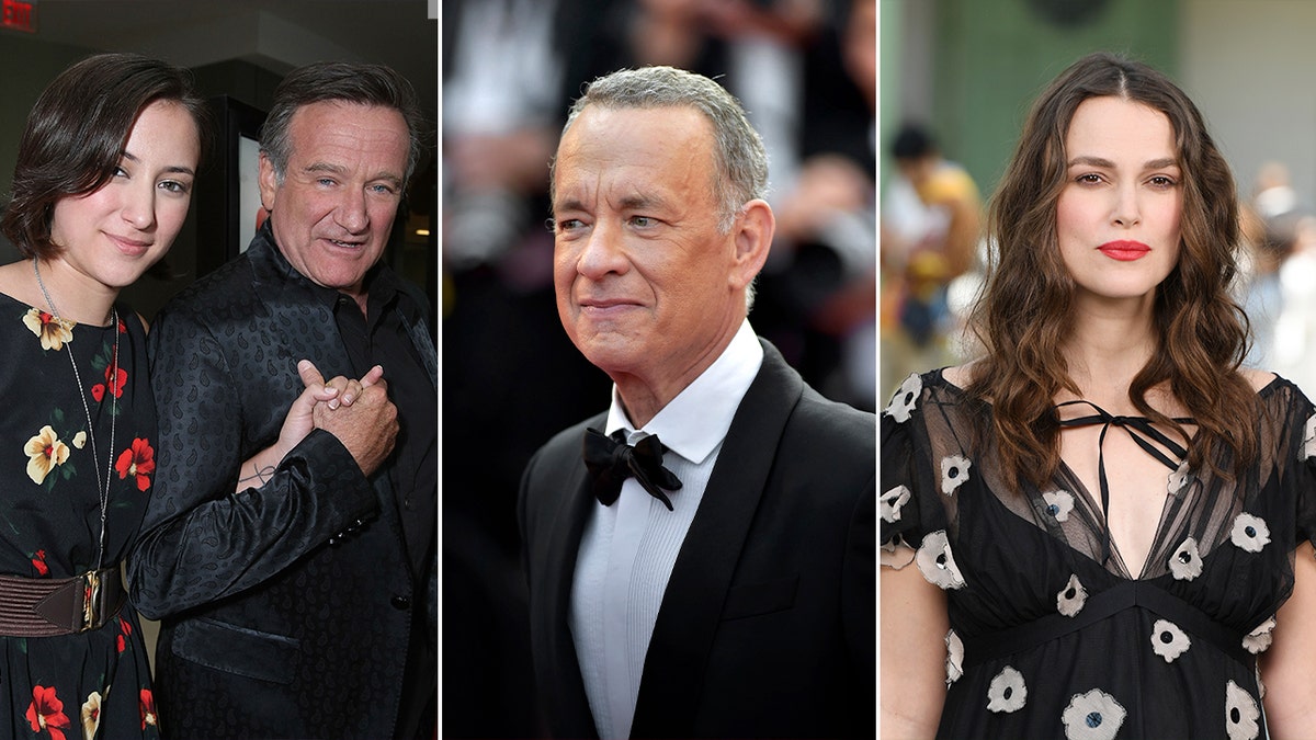 Três imagens divididas de Zelda e Robin Williams, Tom Hanks e Keira Knightley
