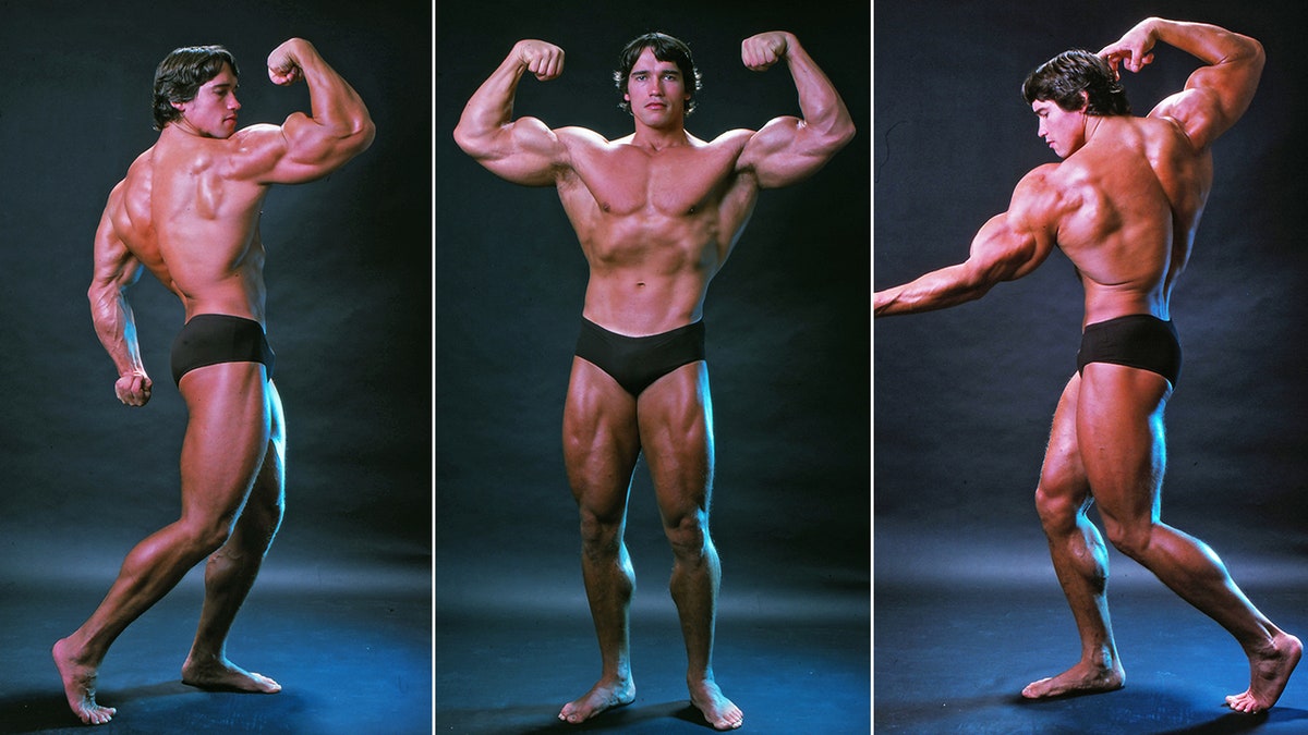 Arnold Schwarzenegger poses in three different ways, showing off his body and prominent muscles while flexing his arms in a small black speedo