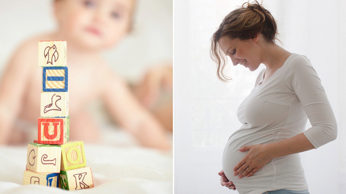 baby name split with building blocks and pregnant woman