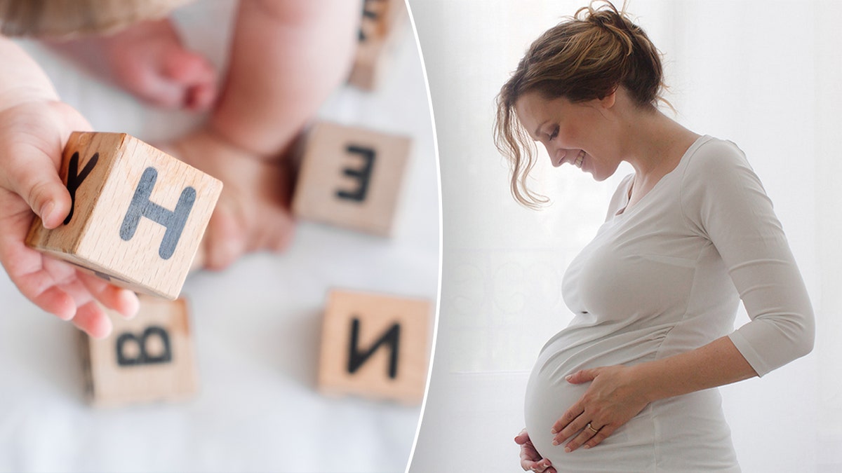 baby name with block and pregnant woman split