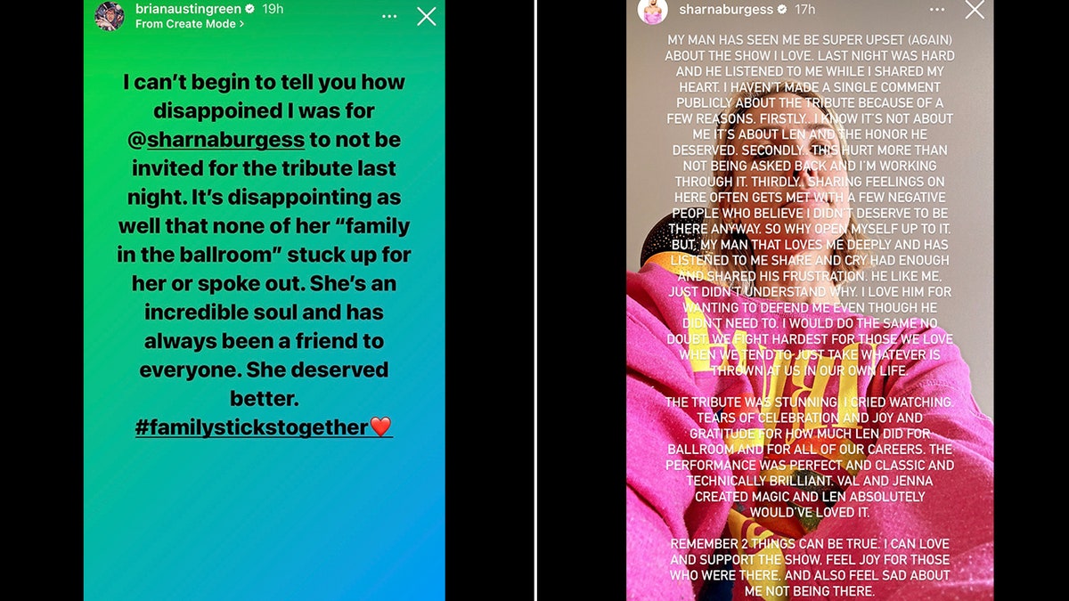 Brian Austin Green shares text to his Instagram story split Sharna Burgess shares text over a picture of her to her Instagram story