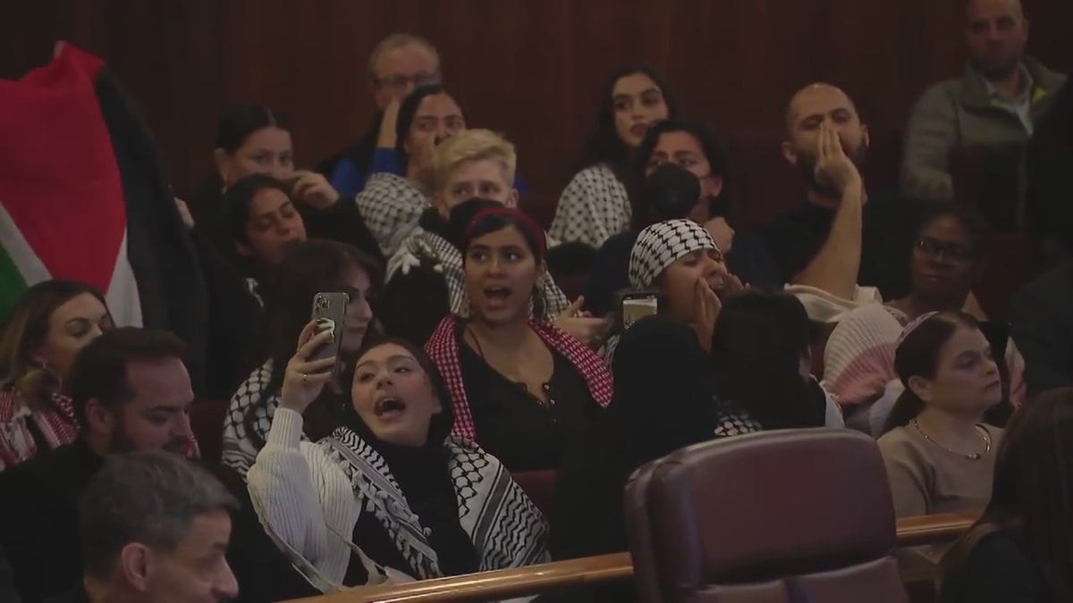 Pro-Palestinian protesters at a Chicago City Council meeting
