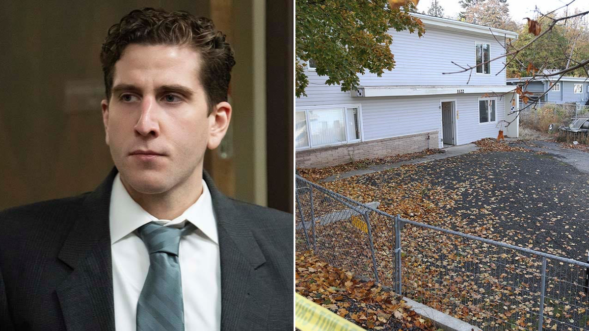 (L) Bryan Kohberger stands emotionless at a court hearing and (R) is the Moscow, Idaho home where four college students were killed