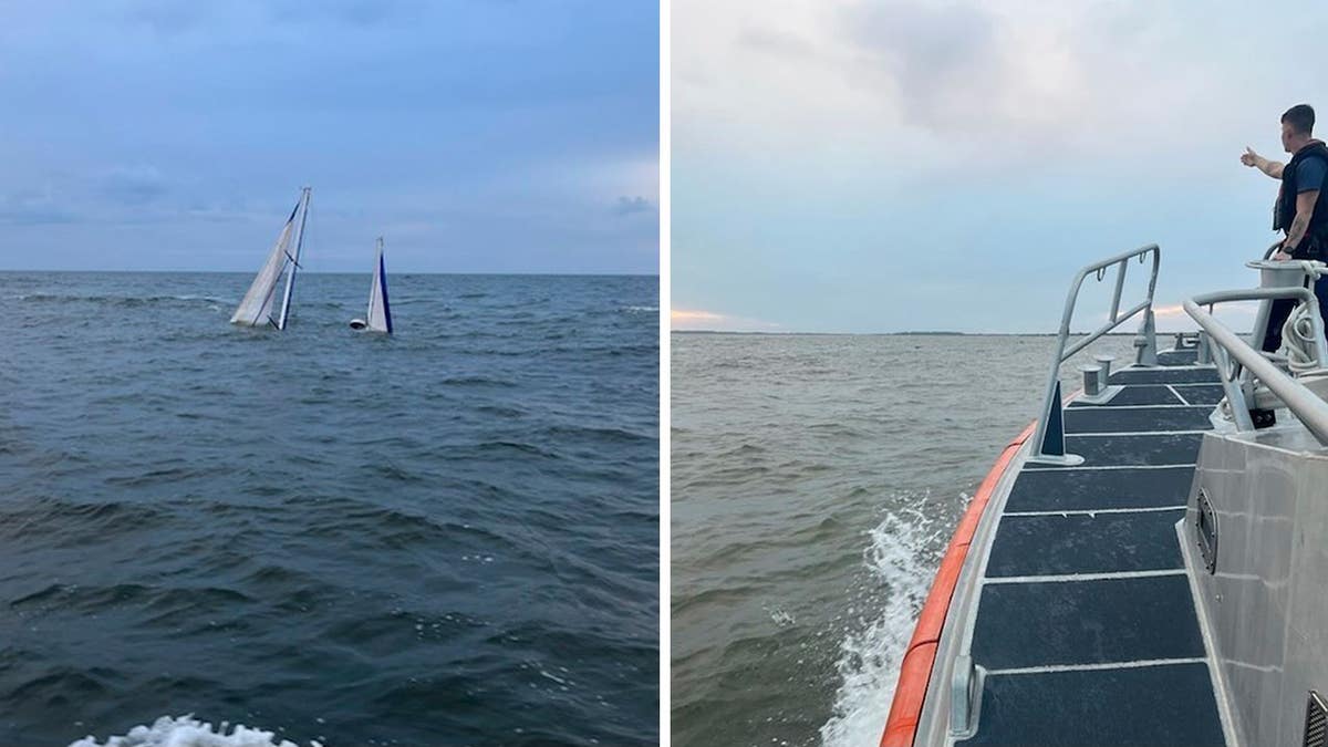 A split of the sinking yacht and the Coast Guard rescue boat