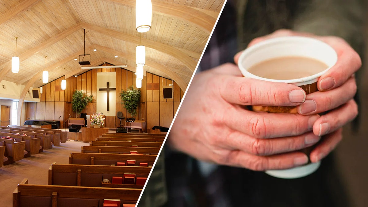 a picture of a Christian church split with a photo of a man holding coffee