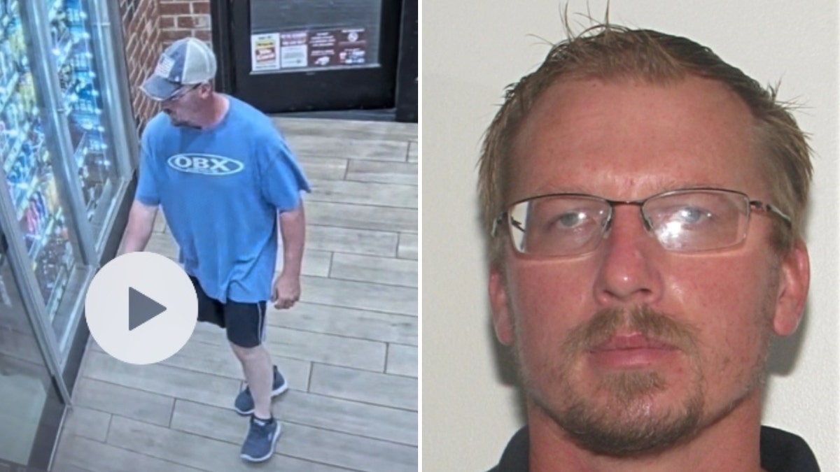 A split image of James Robert Allen on security footage (left) and his headshot (right)
