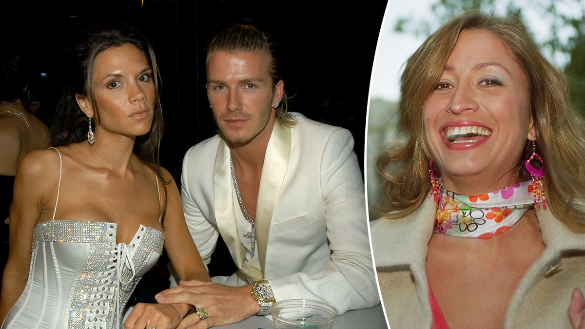 Victoria Beckham in a white crystal corset dress with David Beckham in a white blazer split a picture of a smiling Rebecca Loos with a colorful neck scarf