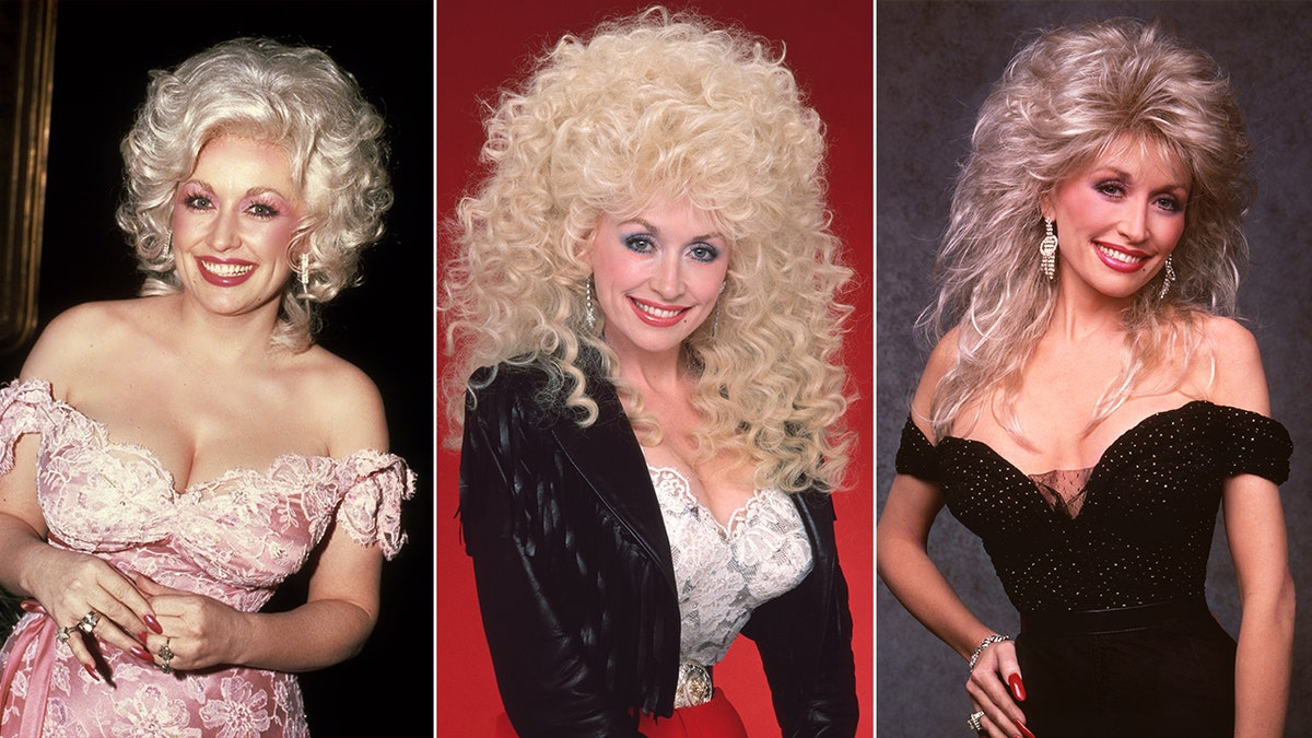 Dolly Parton with short curly hair in a pink dress split Dolly Parton with huge long curly hair in a black jacket and white tank top split Dolly Parton in a black gown with a mullet hairstyle