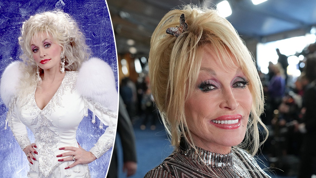 A young Dolly Parton looks ethereal in a white bedazzled outfits with feather puff shoulder pads split Dolly Parton smiles on a carpet