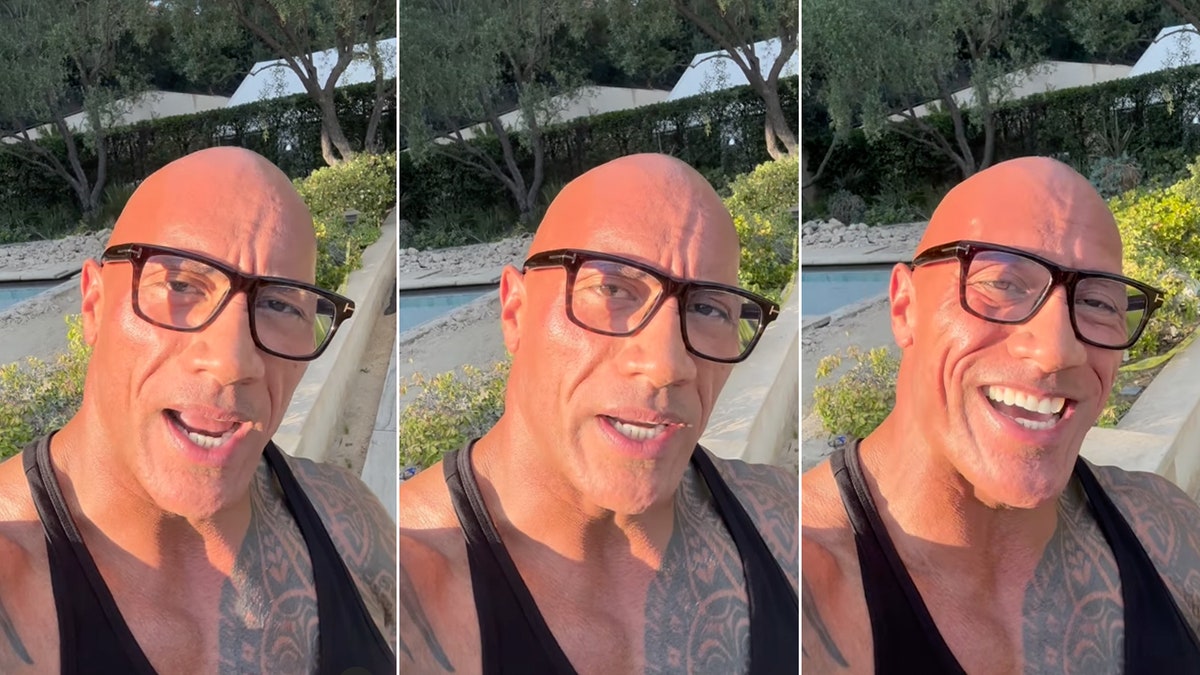 Dwayne Johnson usa uma blusa preta e óculos quadrados de aros pretos e fala para a câmera em três capturas de tela separadas de um vídeo do Instagram