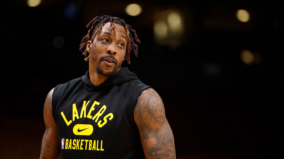 Dwight Howard #39 of the Los Angeles Lakers warms up before their NBA game against the Toronto Raptors at Scotiabank Arena on March 18, 2022 in Toronto, Canada. 