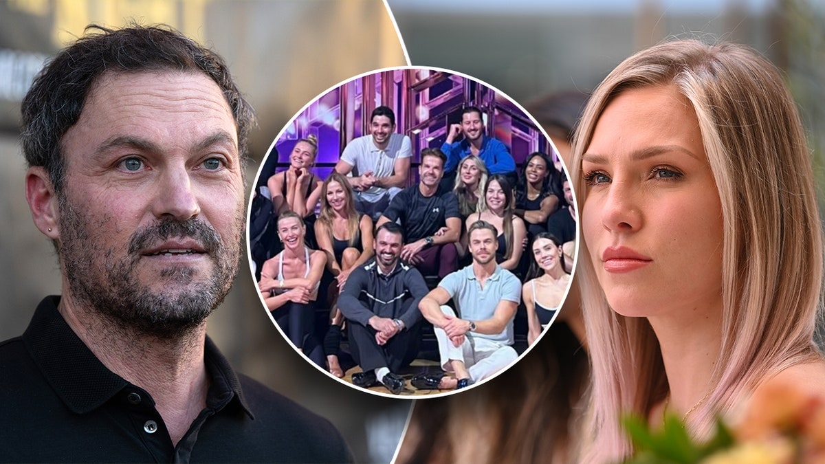 Brian Austin Green in a dark shirt looks out in the distance split Sharna Burgess sits and looks pensive inset a photo of Dancing with the Stars pros for Len Goodman tribute
