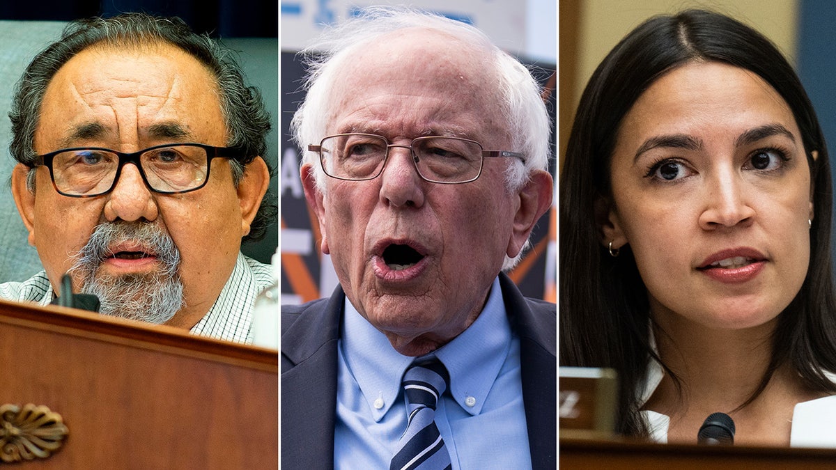 photo split: Sen. Bernie Sanders, center, with Reps. Grijalva and Ocasio-Cortez left and right