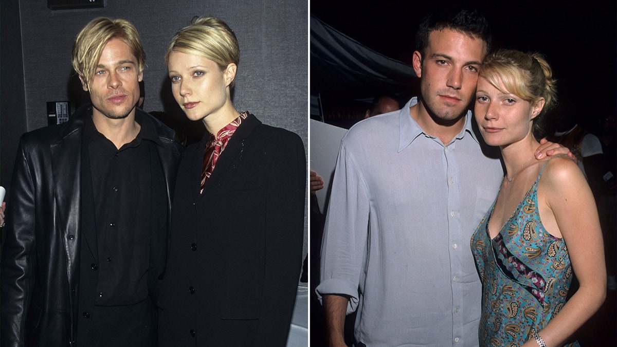 Brad Pitt in a black leather coat poses with Gwyneth Paltrow also in black split Ben Affleck in a button down poses with Gwyneth Paltrow in a tank top
