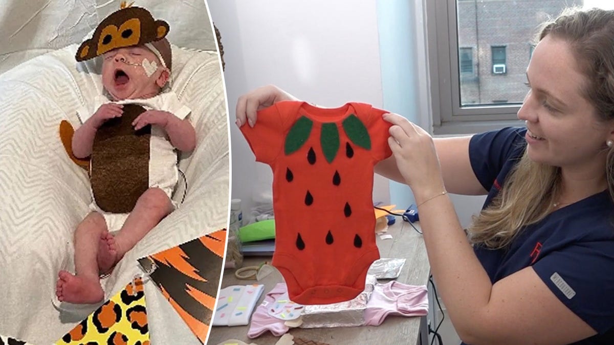 split of baby in monkey costume with woman holding strawberry onesie