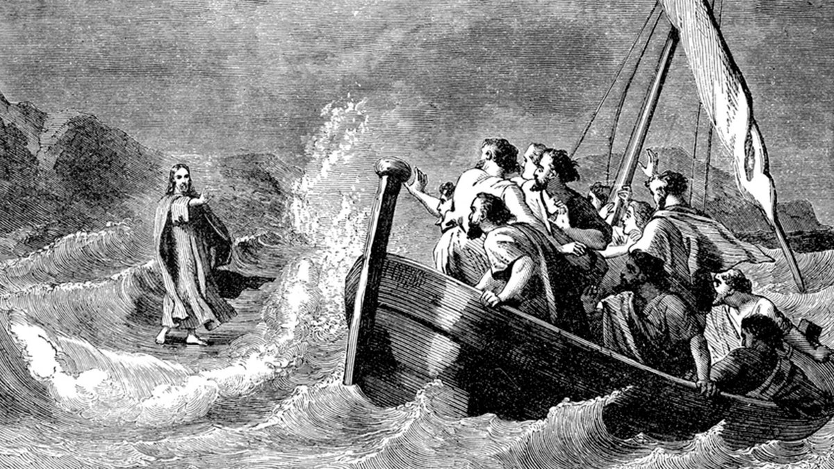 Jesus walking on water with his scared apostles