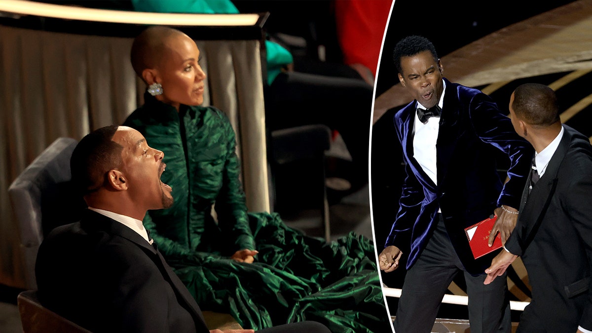 Will Smith urla dal suo posto a Chris Rock, seduto accanto a Jada Pinkett Smith. Will Smith schiaffeggia Chris Rock