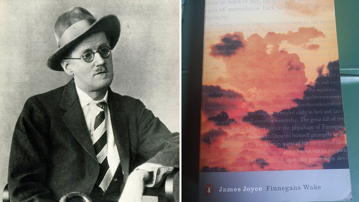 James Joyce, writer, with Finnegans Wake also shown