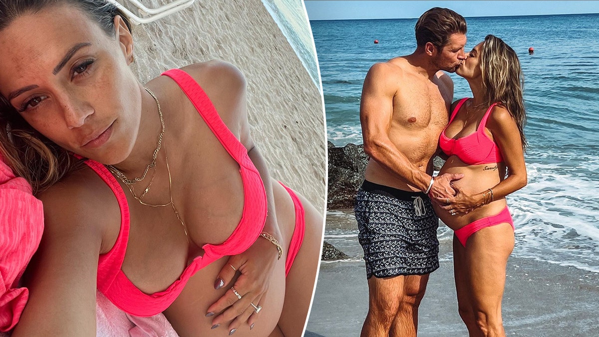 Jana Kramer cradles her baby bump in a bikini split Jana Kramer kisses Allan Russell on the beach 