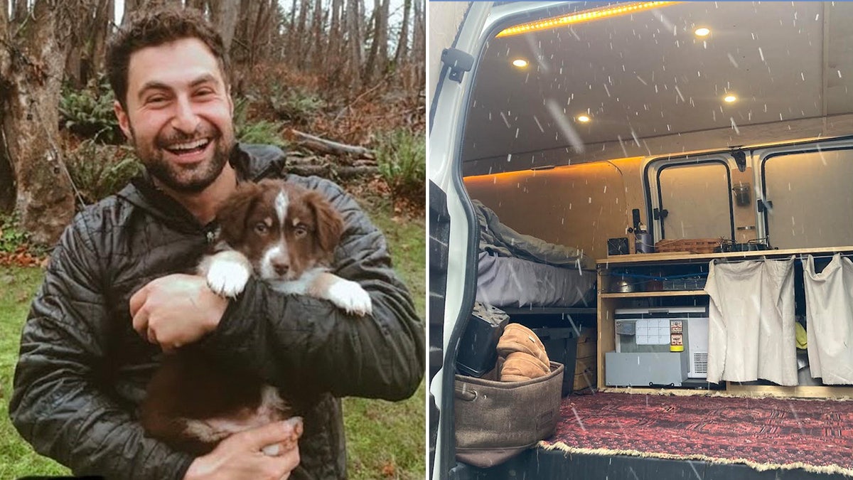 Left, Man holds dog. Right, open camper van door shows living space