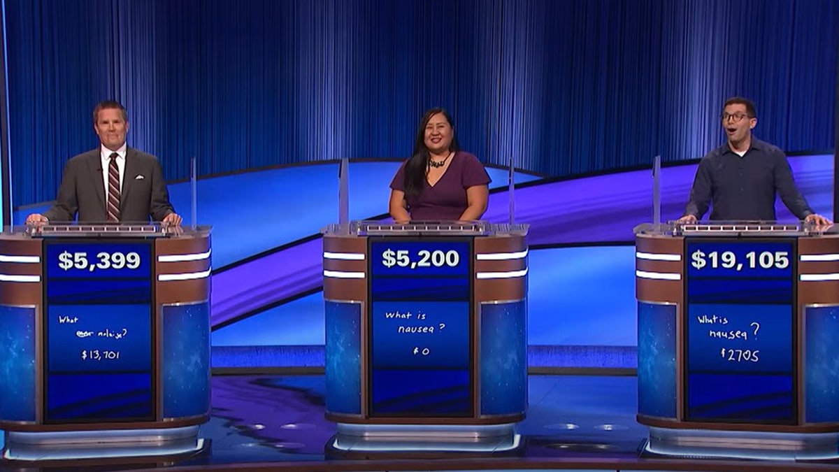 A photo of "Jeopardy!" contestants.