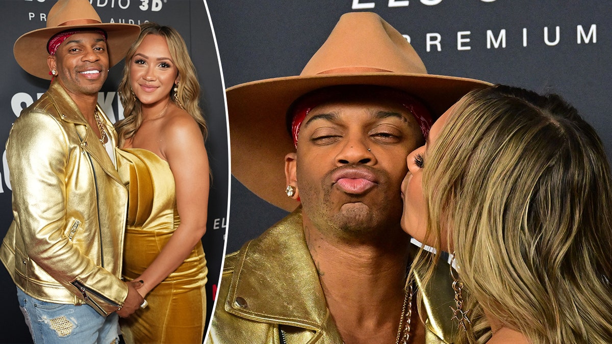 Jimmie Allen in a gold leather jacket poses for a photo with wife Alexis in a yellow/gold dress split Jimmie Allen receives a kiss on the cheek from wife