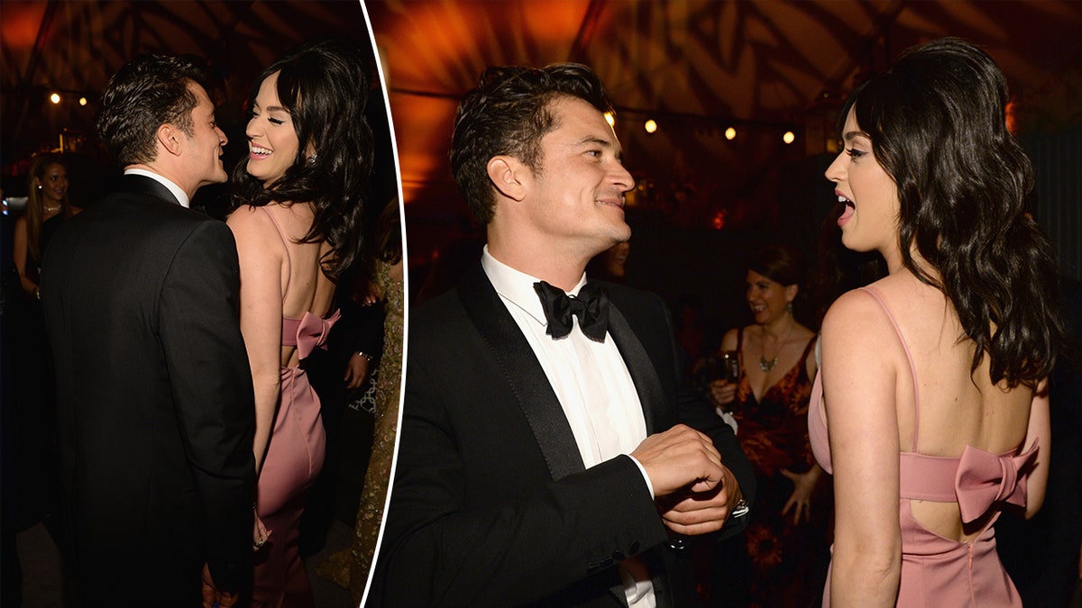 Orlando Bloom in a tuxedo gets close to Katy Perry in a pink dress at a Golden Globes after party