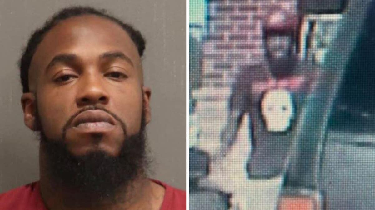 A split of a mugshot of the suspect and surveillance photo of him on Saturday