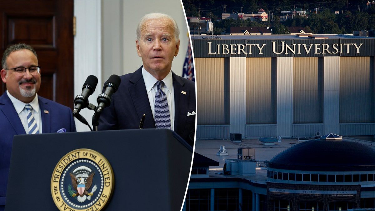 Imagem dividida de Biden e um prédio da Liberty University