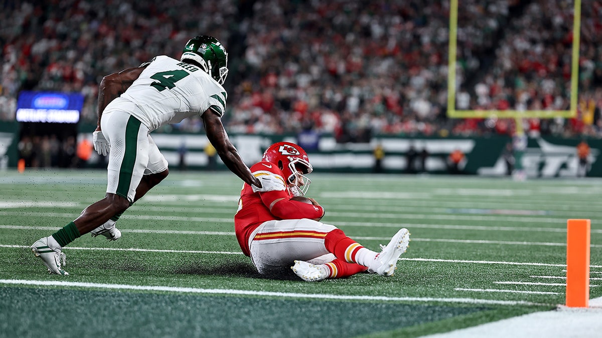 Patrick Mahomes slides before the goal line